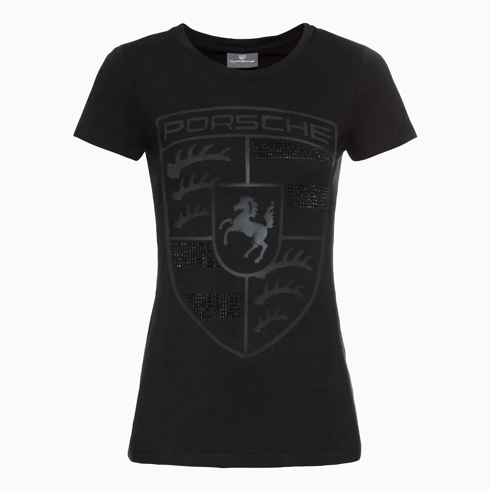 Black women's Porsche T-shirt with a tonal rhinestone crest